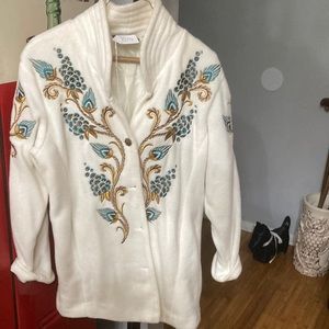 Bob Mackie Long sleeve fleece jacket with amazing embroidered peacock design.